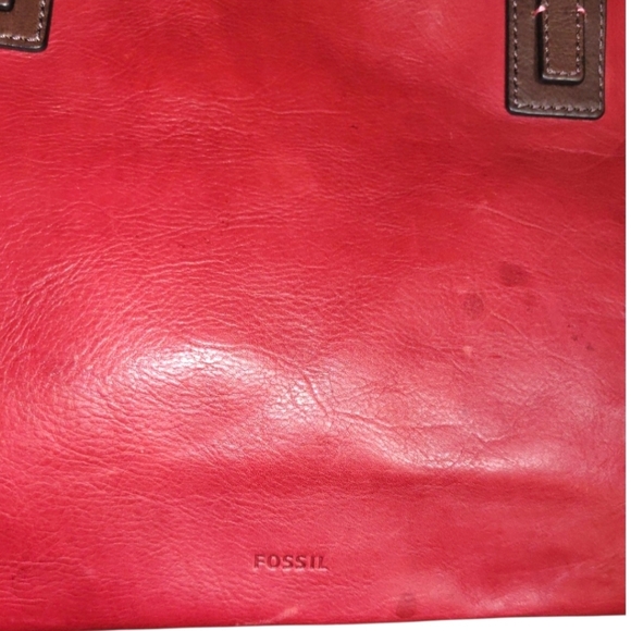 Vintage Fossil Red Leather Tote Shoulder Bag Colorblock Brown Trim - Picture 2 of 3